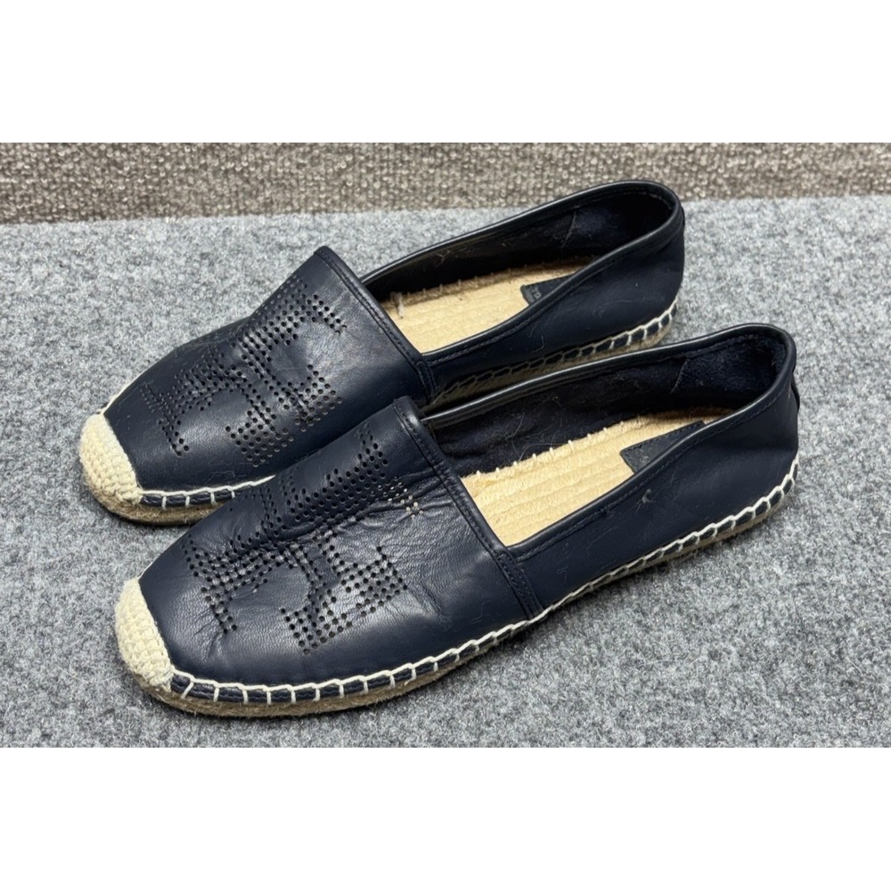 Tory Burch Espadrille Perforated Navy Blue Leather Toe Slip-on Shoes Size US 9.5